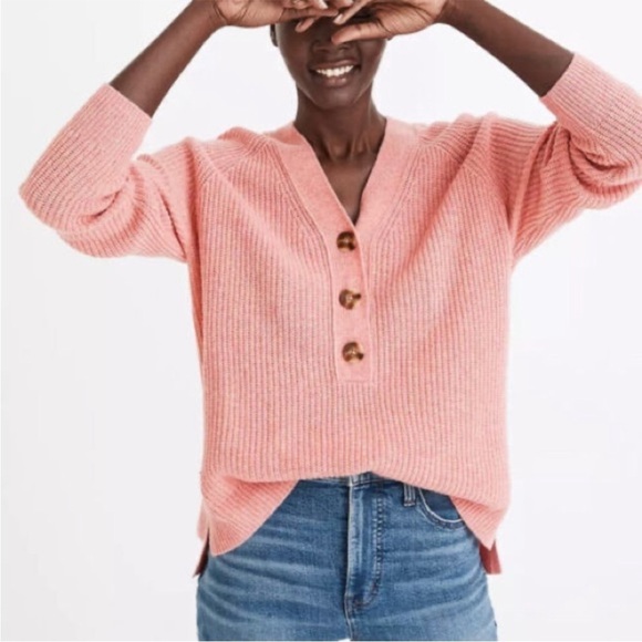 Madewell Ribbed Lyle Henley Size Medium Sweater Watermelon Sugar Pink Merino Woo - Picture 3 of 16
